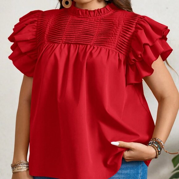 Red Casual Women's Plus Size Ruffle Trim Tops - Picture 6 of 6